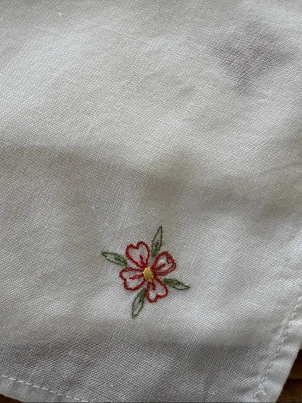 Vintage White Cotton Linen Napkins with Pink & Green Floral Embroidery